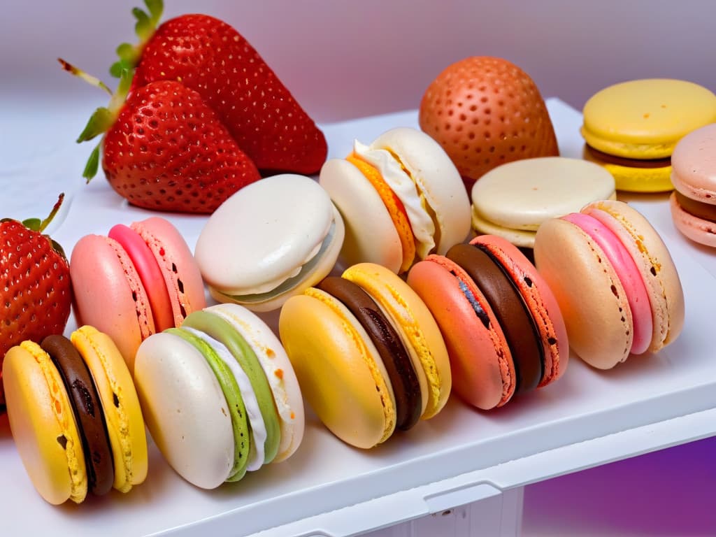  An ultradetailed closeup image of a perfectly baked batch of colorful glutenfree macarons, showcasing a smooth, glossy surface, delicate feet, and a variety of flavors like strawberry, pistachio, and lavender. Each macaron is elegantly arranged on a pristine white marble countertop, with a hint of pastelhued macaron crumbs scattered around, creating a visually stunning and appetizing scene that exudes sophistication and culinary artistry. hyperrealistic, full body, detailed clothing, highly detailed, cinematic lighting, stunningly beautiful, intricate, sharp focus, f/1. 8, 85mm, (centered image composition), (professionally color graded), ((bright soft diffused light)), volumetric fog, trending on instagram, trending on tumblr, HDR 4K, 8K