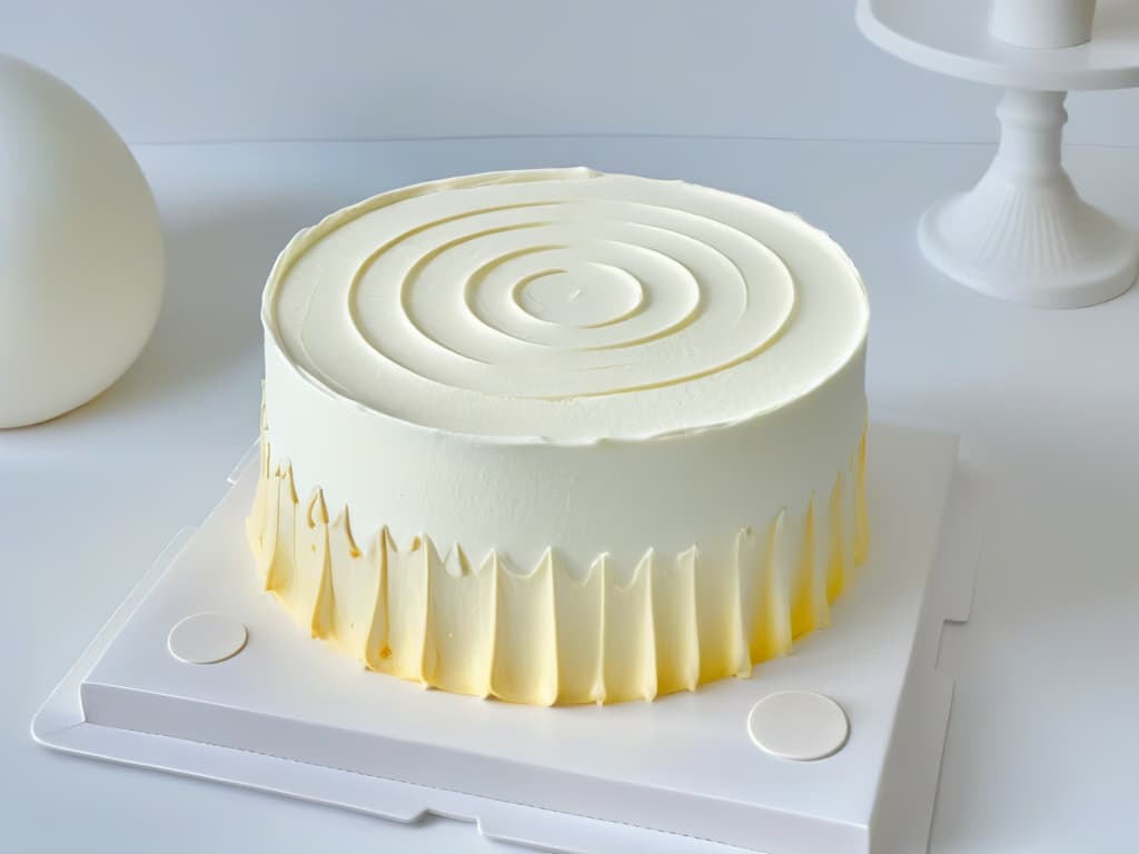  An ultradetailed image of a pristine white cake decorating turntable with a sleek, modern design. The base is round and smooth, rotating effortlessly on a central axis. The platform is adorned with subtle, geometric patterns, exuding a sense of elegance and sophistication. The turntable is positioned on a clean, white backdrop, emphasizing its minimalist aesthetic and professional allure. Every curve and edge is meticulously crafted, showcasing the precision and quality of this essential tool for achieving uniform and professional cake decorations. hyperrealistic, full body, detailed clothing, highly detailed, cinematic lighting, stunningly beautiful, intricate, sharp focus, f/1. 8, 85mm, (centered image composition), (professionally color graded), ((bright soft diffused light)), volumetric fog, trending on instagram, trending on tumblr, HDR 4K, 8K