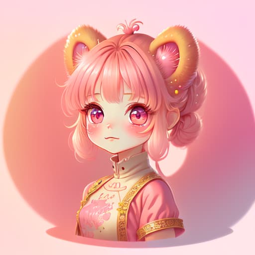 in OliDisco style pink. furry. twin bun hair. girl. chibi. cute. kawaii. background cute cosmetics. blurred blush painting. cute dragon