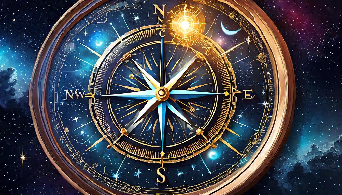  digital painting of A compass needle pointing towards a glowing symbol amidst a map of constellations, navigation, discovery, signs amidst the stars looking at viewer, dynamic pose, (intricate details, masterpiece, best quality)