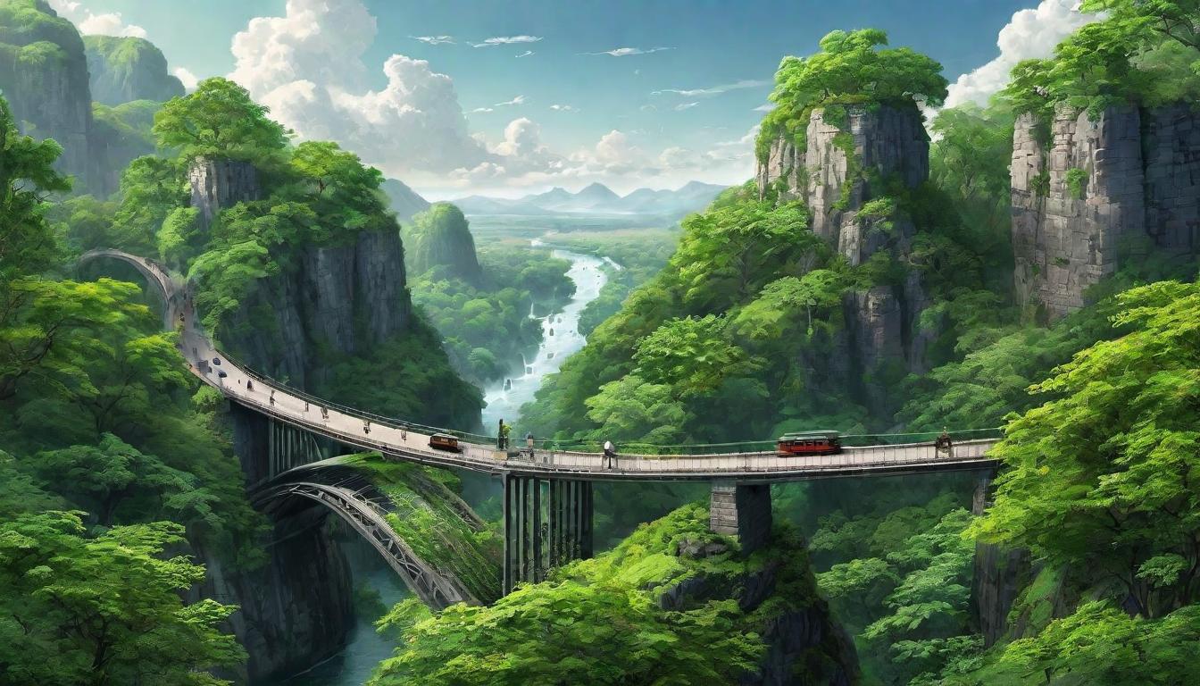  digital illustration A bridge spanning from a bustling, grey city to a lush, green forest, representing the connection between modern life and nature, transitional, harmonious. looking at viewer, dynamic pose, (intricate details, masterpiece, best quality)