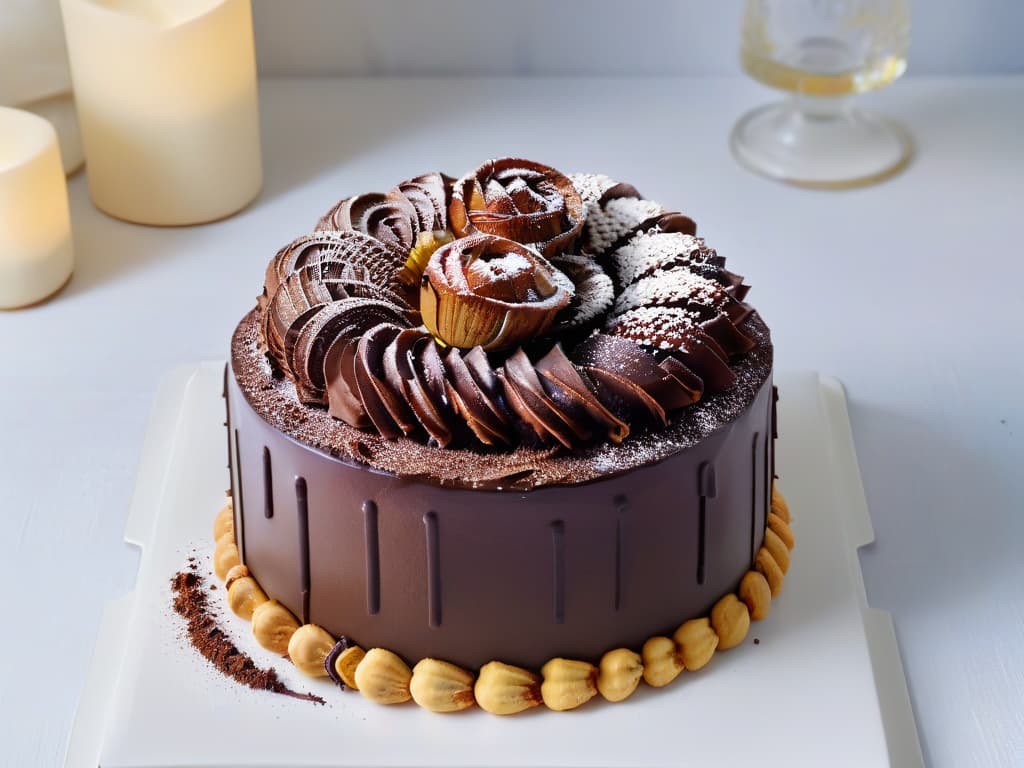  A photorealistic image of a decadent chocolate and hazelnut cake standing tall on a pristine white cake stand. The cake is elegantly decorated with swirls of chocolate ganache, topped with a generous amount of toasted hazelnuts, and surrounded by a dusting of cocoa powder. The glossy ganache reflects the soft lighting in a way that highlights the intricate details of the cake's texture, creating a mouthwatering and sophisticated dessert centerpiece fit for a luxurious dining setting. hyperrealistic, full body, detailed clothing, highly detailed, cinematic lighting, stunningly beautiful, intricate, sharp focus, f/1. 8, 85mm, (centered image composition), (professionally color graded), ((bright soft diffused light)), volumetric fog, trending on instagram, trending on tumblr, HDR 4K, 8K