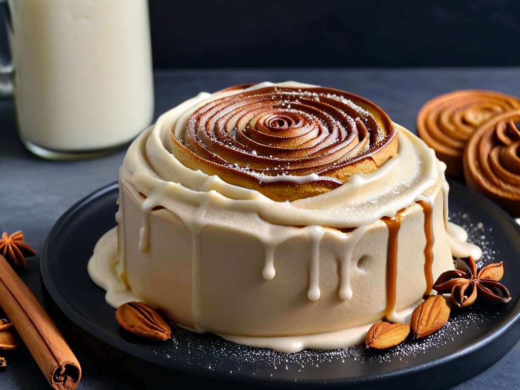  A closeup, ultradetailed image of a freshly baked vegan keto cinnamon roll, topped with a creamy cashew frosting and a sprinkle of cinnamon, set on a sleek, matte black plate. The roll is perfectly swirled, showcasing the layers of fluffy dough and aromatic cinnamon filling, with a subtle steam rising from its warm center. The frosting appears velvety smooth, glistening in the soft, natural light that elegantly highlights the goldenbrown crust of the roll. Each detail is impeccably captured, from the delicate crumb structure of the roll to the intricate pattern of the frosting, inviting viewers to indulge in the exquisite flavors and textures of vegan keto baking. hyperrealistic, full body, detailed clothing, highly detailed, cinematic lighting, stunningly beautiful, intricate, sharp focus, f/1. 8, 85mm, (centered image composition), (professionally color graded), ((bright soft diffused light)), volumetric fog, trending on instagram, trending on tumblr, HDR 4K, 8K