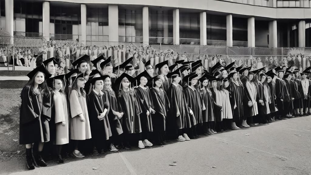  This image captures the essence of your inaugural day in academia, juxtaposed against the backdrop of the poignant aftermath of the Chernobyl incident. There's a palpable juxtaposition between the innocence and routine of school life with the chaotic undercurrents of the era. Each child's face is etched with the obliviousness to the gravity of the times, adhering to the regimented norm of a school day's commencement. Reflecting upon this photograph now, does it stir a deeper narrative for you, encapsulating not just a personal milestone but also standing as an inadvertent testament to the epoch interlaced with a global calamity?