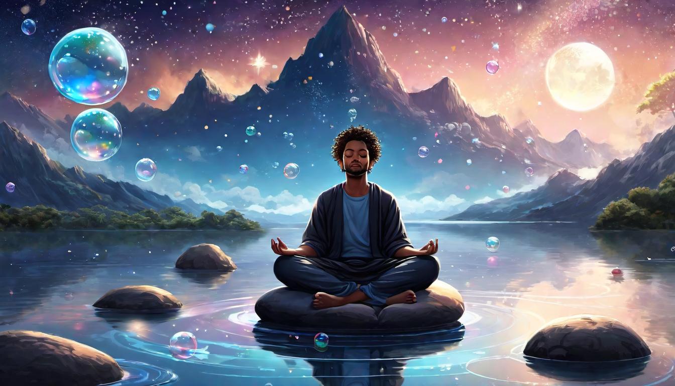  digital illustration, 1person, meditating on a cushion, thoughts depicted as floating bubbles around the head, bubbles contain various symbols, neutral facial expression, sky with stars above, observing, non judgmental, calm night scenery, looking at viewer, dynamic pose, (intricate details, masterpiece, best quality)