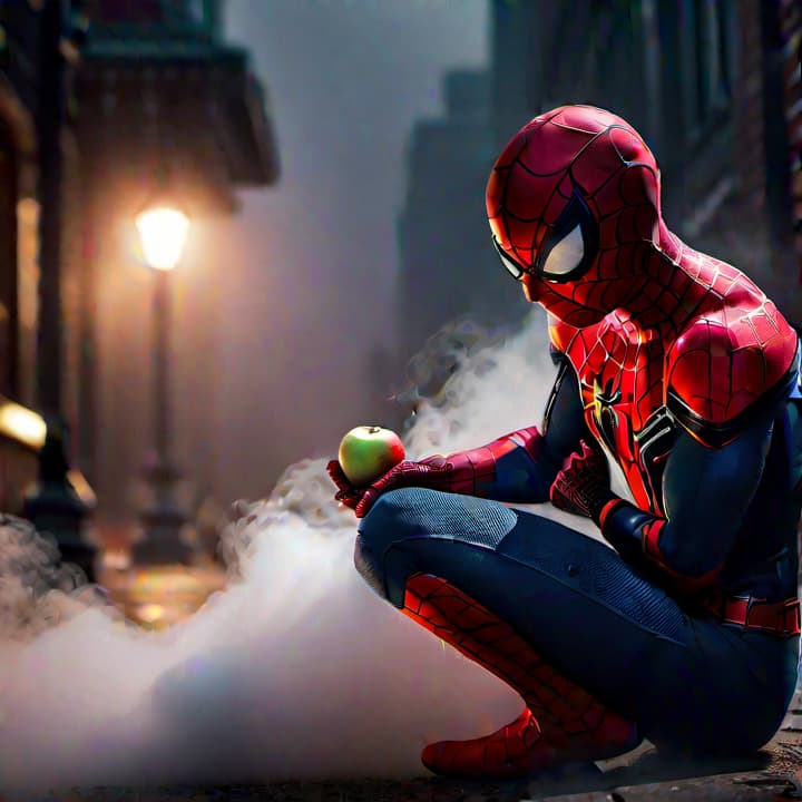  Spider man is eating an apple hyperrealistic, full body, detailed clothing, highly detailed, cinematic lighting, stunningly beautiful, intricate, sharp focus, f/1. 8, 85mm, (centered image composition), (professionally color graded), ((bright soft diffused light)), volumetric fog, trending on instagram, trending on tumblr, HDR 4K, 8K