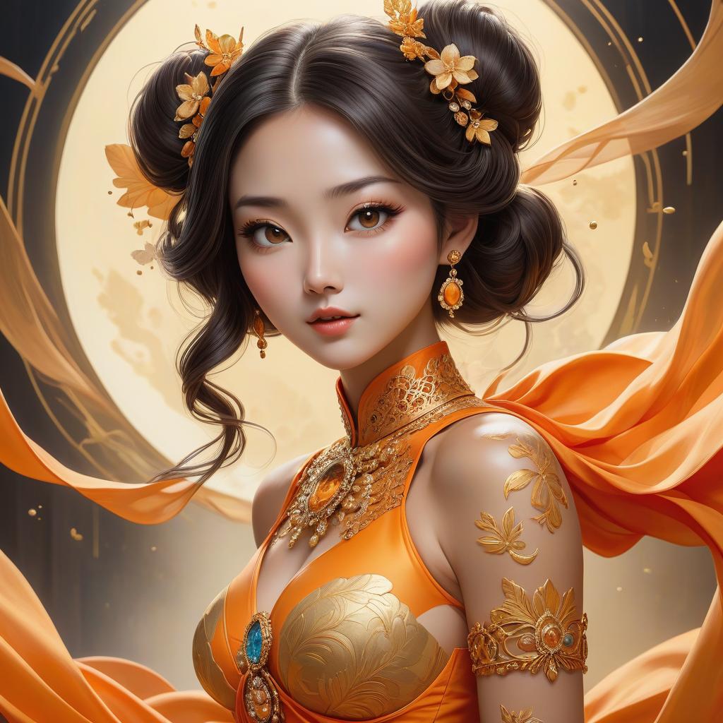  abstract expressionist painting A cartoon girl in an orange costume with gold jewelry, in the style of miho hirano, light yellow and dark brown, close up, traditional costumes, childlike simplicity, comic art, tondo . energetic brushwork, bold colors, abstract forms, expressive, emotional hyperrealistic, full body, detailed clothing, highly detailed, cinematic lighting, stunningly beautiful, intricate, sharp focus, f/1. 8, 85mm, (centered image composition), (professionally color graded), ((bright soft diffused light)), volumetric fog, trending on instagram, trending on tumblr, HDR 4K, 8K