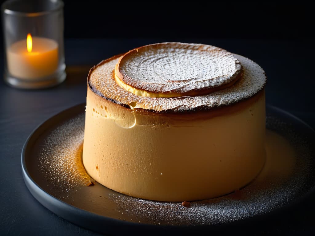  An ultradetailed closeup image of a perfectly risen, goldenbrown soufflé, showcasing a delicate texture with tiny air bubbles, set against a dark, matte backdrop. hyperrealistic, full body, detailed clothing, highly detailed, cinematic lighting, stunningly beautiful, intricate, sharp focus, f/1. 8, 85mm, (centered image composition), (professionally color graded), ((bright soft diffused light)), volumetric fog, trending on instagram, trending on tumblr, HDR 4K, 8K