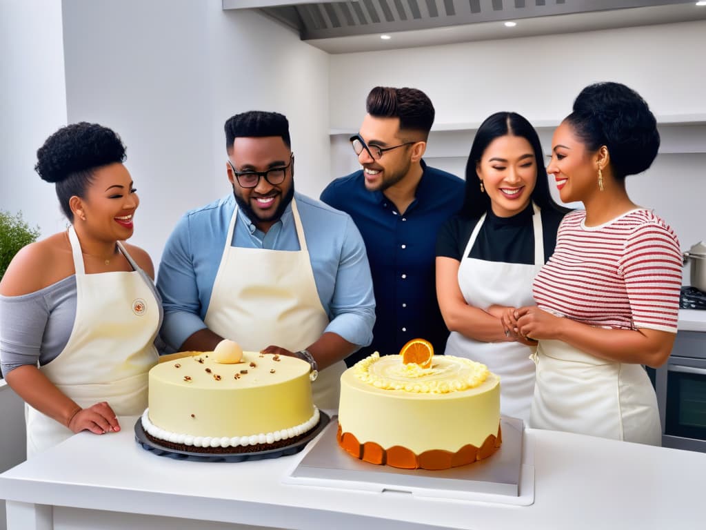  A highresolution image of a diverse group of individuals happily baking together in a virtual kitchen, showcasing inclusivity and diversity in online pastry courses. Each person is engaged in a different baking task, from mixing batter to decorating cakes, reflecting the importance of inclusivity and diversity in virtual baking classes. The background is a sleek, modern virtual kitchen setting with minimalistic design elements, emphasizing the focus on the individuals and their collaborative baking efforts. hyperrealistic, full body, detailed clothing, highly detailed, cinematic lighting, stunningly beautiful, intricate, sharp focus, f/1. 8, 85mm, (centered image composition), (professionally color graded), ((bright soft diffused light)), volumetric fog, trending on instagram, trending on tumblr, HDR 4K, 8K