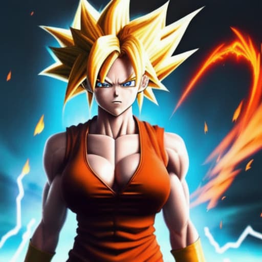  Female super sayan, red goku kostüm. Perfekt body. Sayan hair, fire eyes, fire hands, dead planet burn. 4k