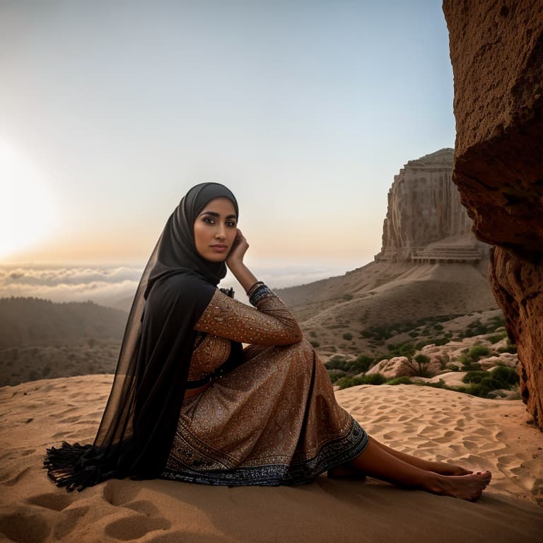  arab woman teacher sitting in the ground barefoot hyperrealistic, full body, detailed clothing, highly detailed, cinematic lighting, stunningly beautiful, intricate, sharp focus, f/1. 8, 85mm, (centered image composition), (professionally color graded), ((bright soft diffused light)), volumetric fog, trending on instagram, trending on tumblr, HDR 4K, 8K