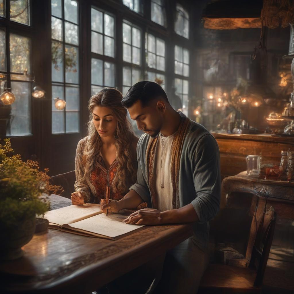  A young man is writing to a girl. hyperrealistic, full body, detailed clothing, highly detailed, cinematic lighting, stunningly beautiful, intricate, sharp focus, f/1. 8, 85mm, (centered image composition), (professionally color graded), ((bright soft diffused light)), volumetric fog, trending on instagram, trending on tumblr, HDR 4K, 8K