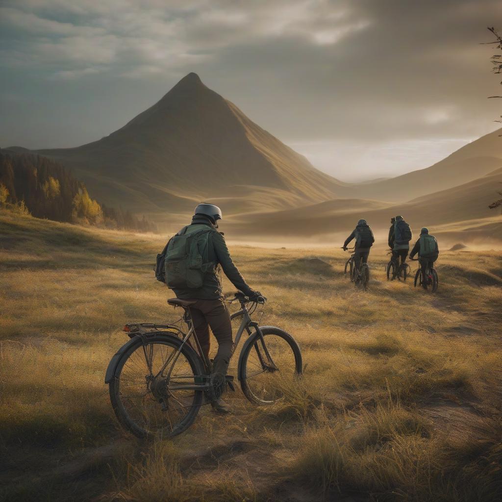  a photo of a group of beautiful people taken on bicycles, the future, the city of 3024, standing on a strange distant planet, looks like a macro photograph, the grass is taller hyperrealistic, full body, detailed clothing, highly detailed, cinematic lighting, stunningly beautiful, intricate, sharp focus, f/1. 8, 85mm, (centered image composition), (professionally color graded), ((bright soft diffused light)), volumetric fog, trending on instagram, trending on tumblr, HDR 4K, 8K