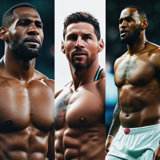  a collage of Messi,Ronaldo and lebron james hyperrealistic, full body, detailed clothing, highly detailed, cinematic lighting, stunningly beautiful, intricate, sharp focus, f/1. 8, 85mm, (centered image composition), (professionally color graded), ((bright soft diffused light)), volumetric fog, trending on instagram, trending on tumblr, HDR 4K, 8K