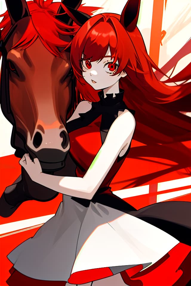  Girls, red hair, horse ears, red eyes, full eyes, red sleeveless dress