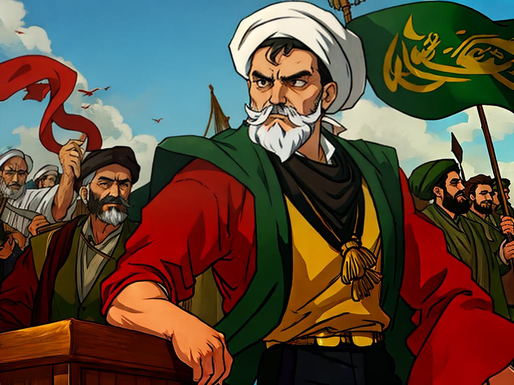  Ayatollah Khomeini, beard, old, Iran, powerful, strong, muscular, Jojo-style, anime style, one person