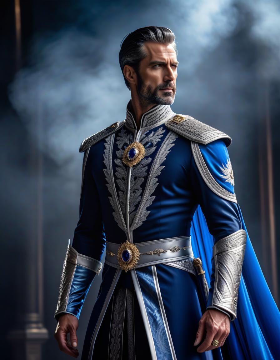  Tall man, dark blue and silver royal costume, standing sideways, beautiful body hyperrealistic, full body, detailed clothing, highly detailed, cinematic lighting, stunningly beautiful, intricate, sharp focus, f/1. 8, 85mm, (centered image composition), (professionally color graded), ((bright soft diffused light)), volumetric fog, trending on instagram, trending on tumblr, HDR 4K, 8K