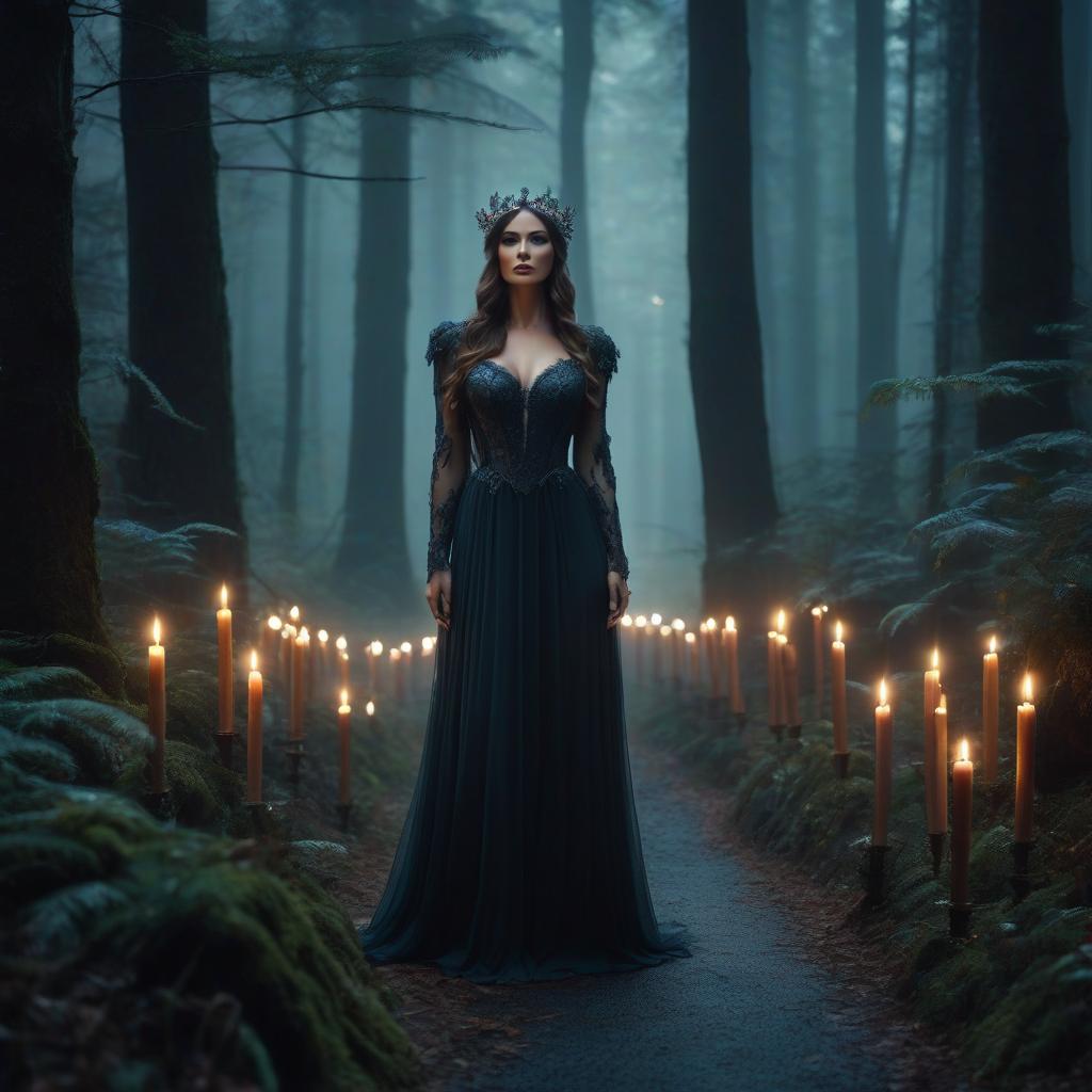  fairy tale A dark forest On the road stand candles . magical, fantastical, enchanting, storybook style, highly detailed hyperrealistic, full body, detailed clothing, highly detailed, cinematic lighting, stunningly beautiful, intricate, sharp focus, f/1. 8, 85mm, (centered image composition), (professionally color graded), ((bright soft diffused light)), volumetric fog, trending on instagram, trending on tumblr, HDR 4K, 8K