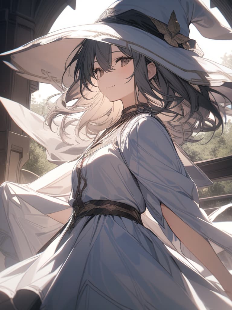  Manipulate the wind, smile, witch hat, white, short hair, white robe, neutral, masterpiece, best quality,8k,ultra detailed,high resolution,an extremely delicate and beautiful,hyper detail