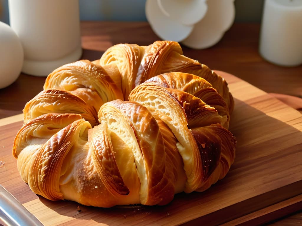  A closeup, ultradetailed image of a perfectly goldenbrown, flaky croissant, fresh out of the oven, resting on a rustic wooden cutting board. The delicate layers of the pastry are visible, glistening slightly from a light buttery glaze, with a hint of steam still rising from its warm interior. The background is softly blurred, emphasizing the croissant as the focal point, inviting the viewer to appreciate its simplicity and elegance. hyperrealistic, full body, detailed clothing, highly detailed, cinematic lighting, stunningly beautiful, intricate, sharp focus, f/1. 8, 85mm, (centered image composition), (professionally color graded), ((bright soft diffused light)), volumetric fog, trending on instagram, trending on tumblr, HDR 4K, 8K