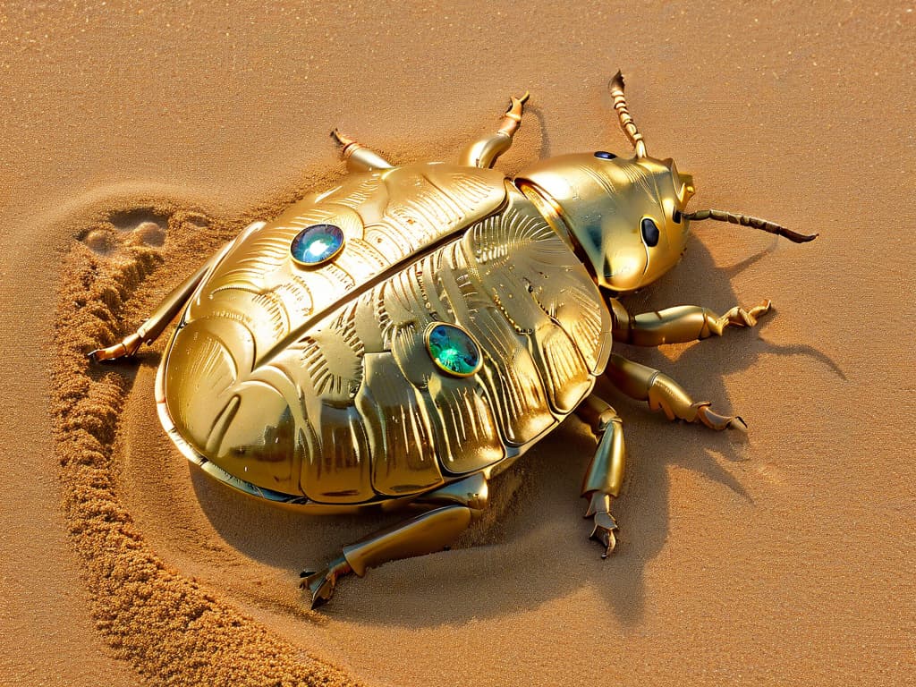  An ultradetailed image of a golden Egyptian scarab beetle, intricately carved and adorned with shimmering jewels, resting on a bed of fine desert sand. The sunlight hits the jewels, casting colorful reflections on the sand, while intricate hieroglyphics are faintly visible in the background, hinting at the rich culinary heritage of ancient Egypt. hyperrealistic, full body, detailed clothing, highly detailed, cinematic lighting, stunningly beautiful, intricate, sharp focus, f/1. 8, 85mm, (centered image composition), (professionally color graded), ((bright soft diffused light)), volumetric fog, trending on instagram, trending on tumblr, HDR 4K, 8K