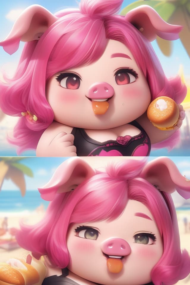  extremely obese girl、pink colored hair、((bright deep pink colored drooping pig's ears:1.4、ultra detailed plump & fat face sweaty smile:1.4、ultra detailed shiny black skin:1.4))、(((on the beach:1.4、barbecue:1.4)))、(、eating a lot of barbecue)、dutch angle、best quality:1.4、masterpiece:1.4、ultra detailed texture、RAW photorealistic、absurd resolution、8K illustration、💩、