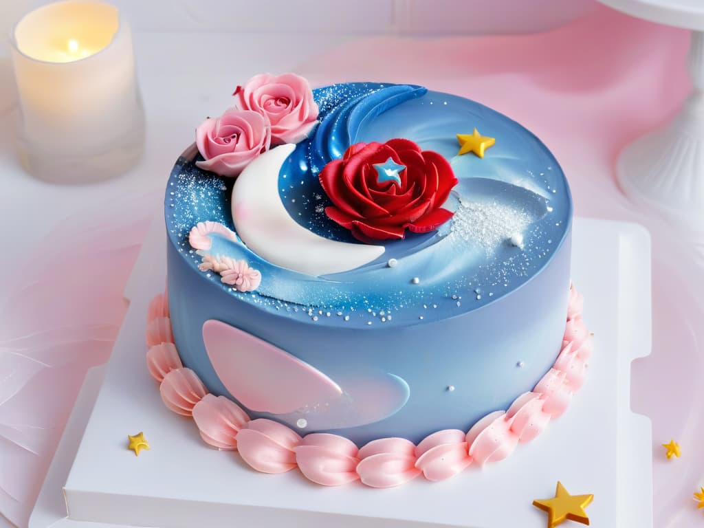  An intricately detailed photorealistic image of a whimsical pastelcolored Sailor Moonthemed dessert spread, featuring pastelitos adorned with edible replicas of Sailor Moon's iconic brooch, Luna and Artemis figurines, and delicate fondant roses in soft hues of pink, blue, and gold, set against a backdrop of a starry night sky with a glowing crescent moon. The desserts are elegantly arranged on a crystal platter, with shimmering sugar crystals sprinkled around them, creating a magical and enchanting dessert table setting that captures the essence of Sailor Moon's celestial charm. hyperrealistic, full body, detailed clothing, highly detailed, cinematic lighting, stunningly beautiful, intricate, sharp focus, f/1. 8, 85mm, (centered image composition), (professionally color graded), ((bright soft diffused light)), volumetric fog, trending on instagram, trending on tumblr, HDR 4K, 8K