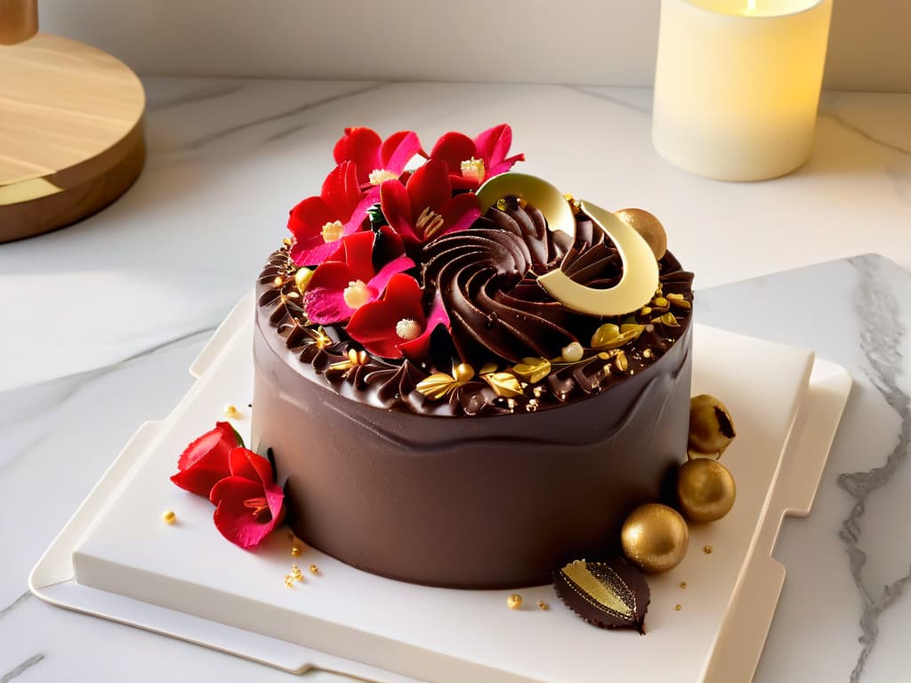  A photorealistic image of a luxurious, decadent chocolate rubí cake elegantly presented on a polished marble platter. The cake is adorned with shimmering pink ruby chocolate curls and delicate edible gold leaf, set against a backdrop of soft, diffused lighting that highlights its intricate details and rich color palette. The texture of the cake appears moist and velvety, inviting the viewer to indulge in its sumptuous beauty. hyperrealistic, full body, detailed clothing, highly detailed, cinematic lighting, stunningly beautiful, intricate, sharp focus, f/1. 8, 85mm, (centered image composition), (professionally color graded), ((bright soft diffused light)), volumetric fog, trending on instagram, trending on tumblr, HDR 4K, 8K