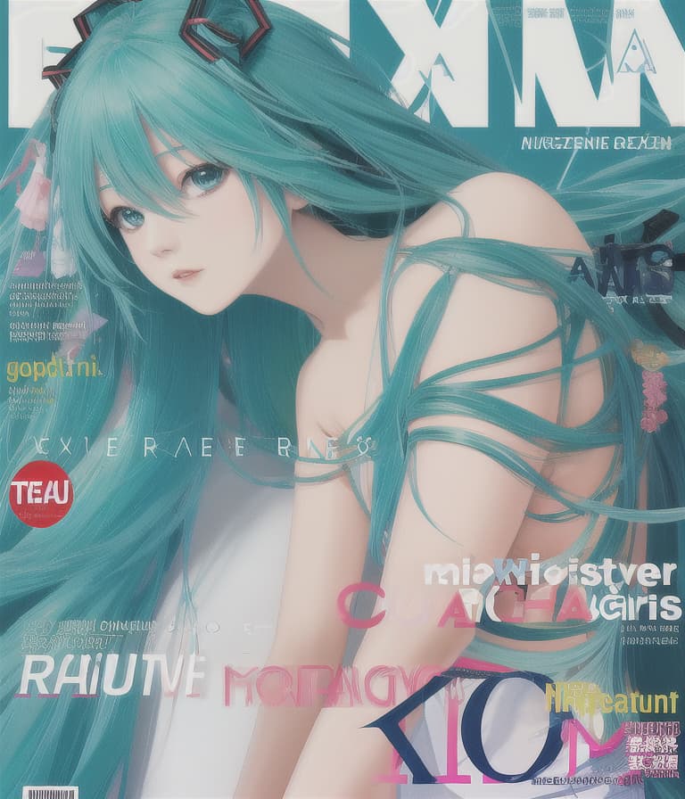  cover,1girl,hatsune miku wearing no clothes at all, showing bare skin, , ,(magazine cover, FashionMagCover, english text, username, watermark, artist name, signature:1.1)