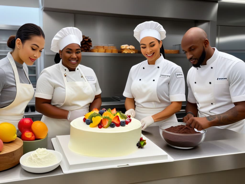  An 8k ultradetailed image of a diverse group of bakers in a modern, inclusive kitchen setting, each one engaged in a different task, such as mixing batter, piping frosting, or decorating cakes. The kitchen is filled with vibrant colors and textures, showcasing a variety of ingredients like fresh fruits, chocolate shavings, and edible flowers neatly organized on the counter. The image captures the essence of teamwork, creativity, and diversity in the world of inclusive baking, with a focus on the sensory experience and artistry involved in creating sinestesiainspired desserts. hyperrealistic, full body, detailed clothing, highly detailed, cinematic lighting, stunningly beautiful, intricate, sharp focus, f/1. 8, 85mm, (centered image composition), (professionally color graded), ((bright soft diffused light)), volumetric fog, trending on instagram, trending on tumblr, HDR 4K, 8K