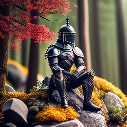 estilovintedois knight sitting on top of stone in the forest hyperrealistic, full body, detailed clothing, highly detailed, cinematic lighting, stunningly beautiful, intricate, sharp focus, f/1. 8, 85mm, (centered image composition), (professionally color graded), ((bright soft diffused light)), volumetric fog, trending on instagram, trending on tumblr, HDR 4K, 8K