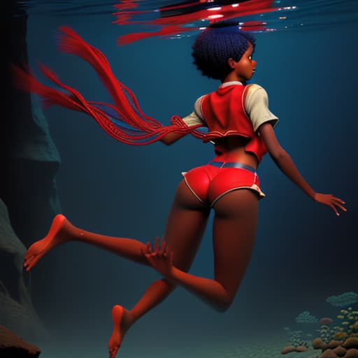  african woman with giant booty and legs and short hair in red vest and blue strings walking underwater she looks up her arms are reach up she shuffles feets intensively view from the back