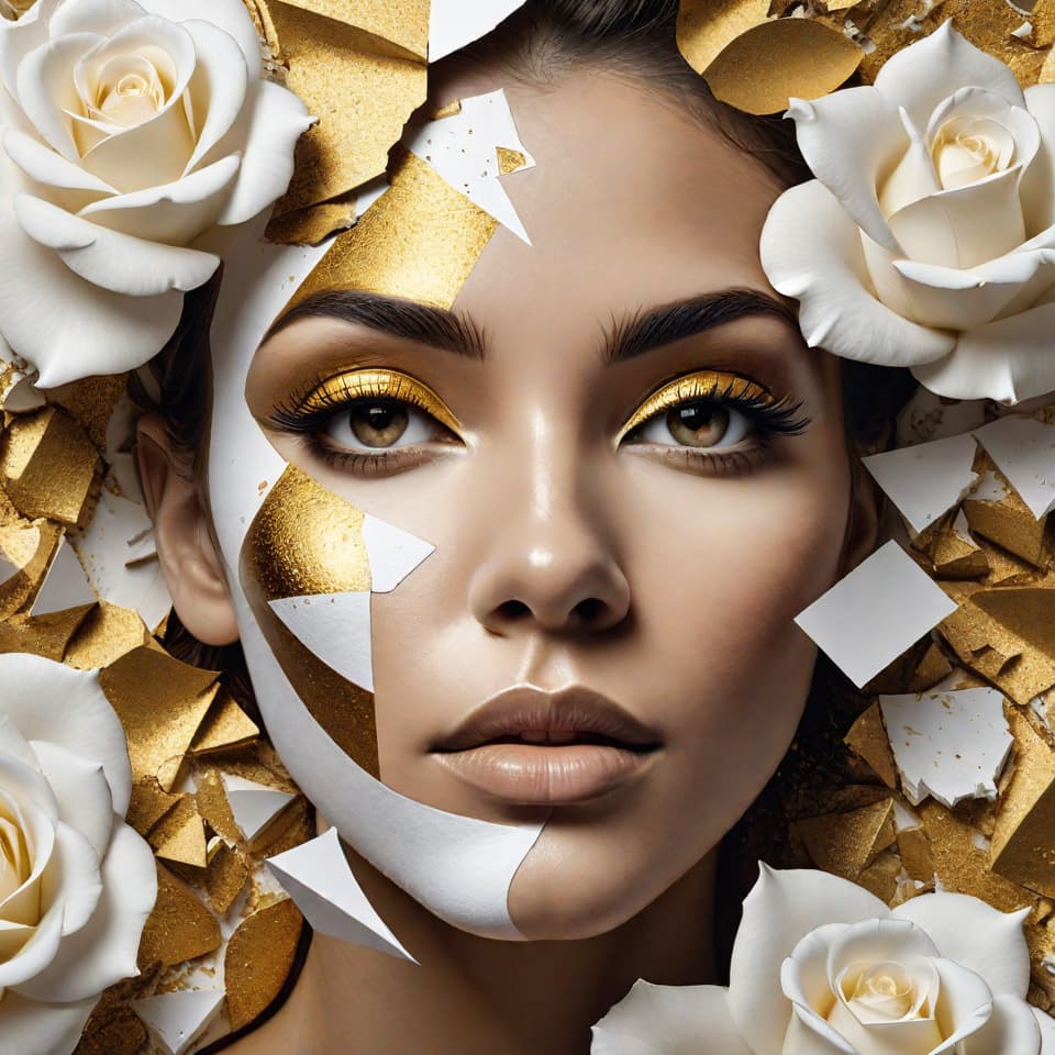  Ultra detailed artistic abstract photography of woman's face (geometrical), golden, white roses, detailed symmetric circular iris, shattered paper fragments, inspired by Alberto Seveso, abstract art style, intricate complex watercolor painting, sharp eyes, digital painting, color explosion, ink drip, mix gold and white colors, Concept art, volumetric lighting, metallic reflections, 8k, concept photography,