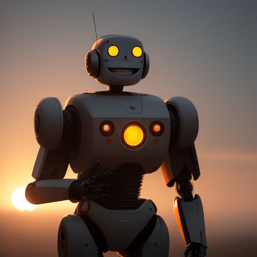  a laughing robot in the sunset hyperrealistic, full body, detailed clothing, highly detailed, cinematic lighting, stunningly beautiful, intricate, sharp focus, f/1. 8, 85mm, (centered image composition), (professionally color graded), ((bright soft diffused light)), volumetric fog, trending on instagram, trending on tumblr, HDR 4K, 8K