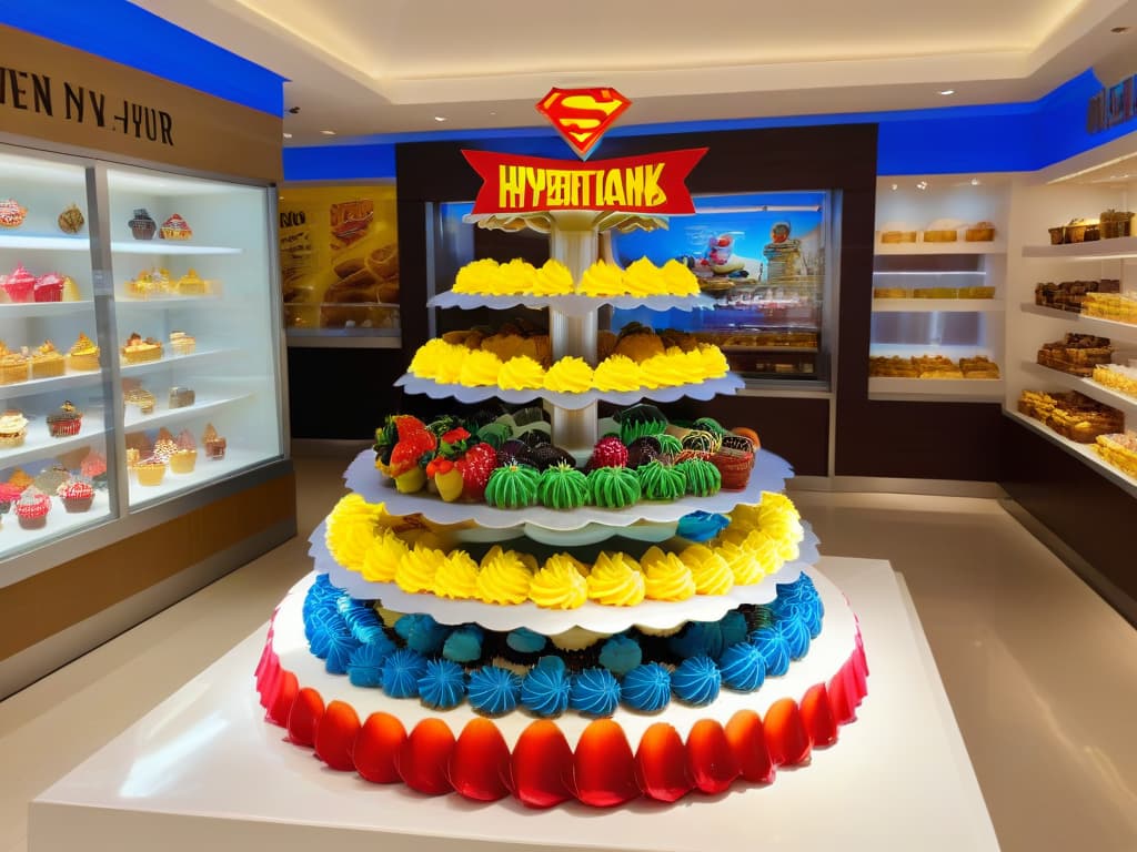  An ultradetailed image of a whimsical dessert shop filled with colorful treats shaped like popular licensed characters, such as miniature superhero cupcakes, cartoon character cookies, and princessthemed pastries. The shop is elegantly designed with sleek white countertops, modern display cases, and soft ambient lighting, creating a sophisticated yet playful atmosphere. Customers of all ages can be seen marveling at the creative desserts, with a subtle reflection of excitement and wonder in their eyes. hyperrealistic, full body, detailed clothing, highly detailed, cinematic lighting, stunningly beautiful, intricate, sharp focus, f/1. 8, 85mm, (centered image composition), (professionally color graded), ((bright soft diffused light)), volumetric fog, trending on instagram, trending on tumblr, HDR 4K, 8K