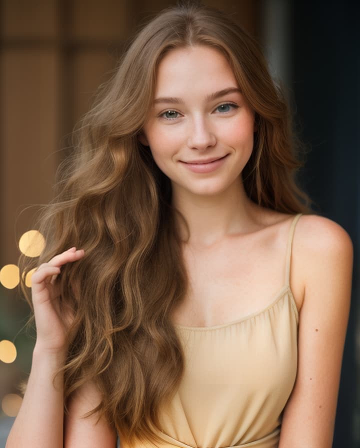  A photo of a beautiful young woman with long, flowing brown hair. She is wearing a black dress and has a soft smile on her face. The background is blurry and out of focus. The image has a warm and inviting feel to it.Art style: realism, high detail, soft lighting, RembrandtAdditional settings: portrait, close up, shallow depth of field, soft focus, warm colors, golden hour  hyperrealistic, full body, detailed clothing, highly detailed, cinematic lighting, stunningly beautiful, intricate, sharp focus, f/1. 8, 85mm, (centered image composition), (professionally color graded), ((bright soft diffused light)), volumetric fog, trending on instagram, trending on tumblr, HDR 4K, 8K