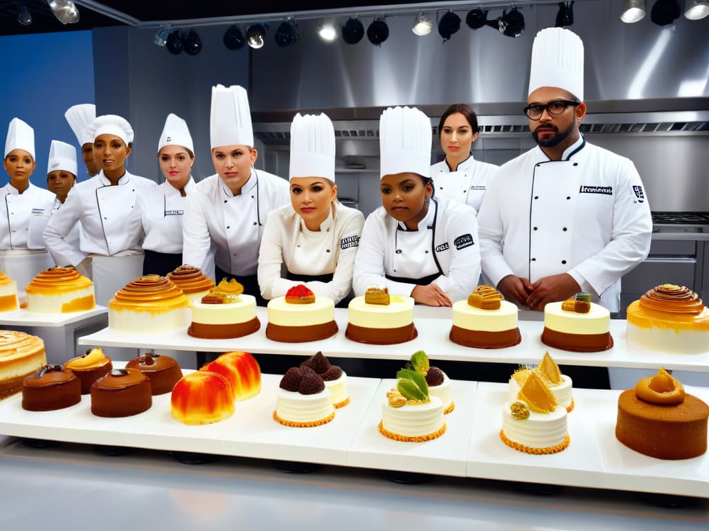  A photorealistic image of a diverse group of expert pastry chefs and food critics dressed in professional attire, attentively tasting and judging a variety of exquisitely decorated cakes and pastries on a sleek, modern judging table. The scene is set in a bright, contemporary kitchen studio with soft natural lighting, capturing the intense concentration and focused expressions of the judges as they evaluate the desserts based on taste, presentation, and creativity. Each judge is depicted with a distinct personality and style, adding depth and realism to the composition. The vibrant colors and intricate details of the desserts create a visually captivating and mouthwatering scene, evoking a sense of excitement and anticipation for the compet hyperrealistic, full body, detailed clothing, highly detailed, cinematic lighting, stunningly beautiful, intricate, sharp focus, f/1. 8, 85mm, (centered image composition), (professionally color graded), ((bright soft diffused light)), volumetric fog, trending on instagram, trending on tumblr, HDR 4K, 8K