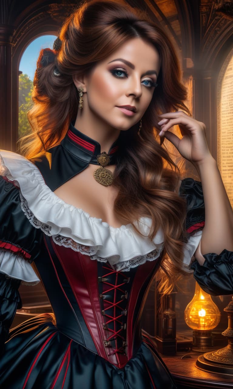  The most detailed steampunk image, close up of Lindsey Stirling in a dark puffy dress with a short skirt, flounces and ruffles, Victorian style, against the background of an ancient map, dynamic expressive pose, people walking in Tudor clothes, complex image, masterpiece, maximum detail, the most detailed drawn faces, the main focus on the face, the most clearly drawn and detailed eyes, slender figure, beautiful legs, photorealism, image in the style of Daniel F. Gerhartz and Eugene de Blaas, the most realistic image hyperrealistic, full body, detailed clothing, highly detailed, cinematic lighting, stunningly beautiful, intricate, sharp focus, f/1. 8, 85mm, (centered image composition), (professionally color graded), ((bright soft diffused light)), volumetric fog, trending on instagram, trending on tumblr, HDR 4K, 8K