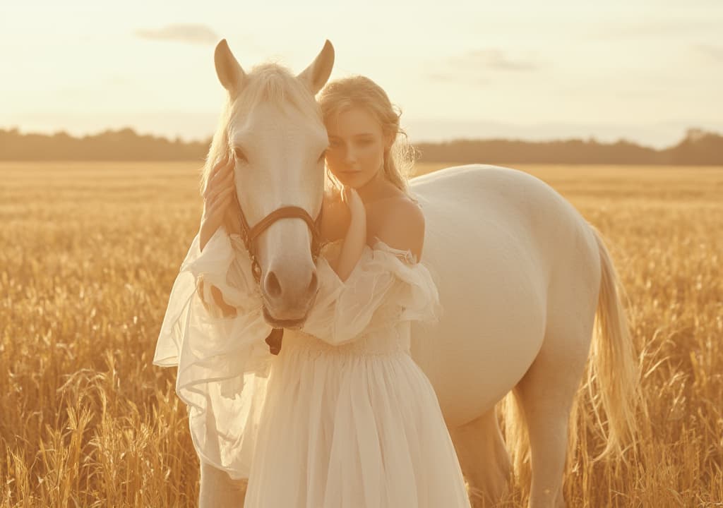  good quality, high quality, a close up of an enchanting woman in a flowing white gown, gently embracing her white horse in a golden wheat field. the scene is captured in soft, high key photography, evoking the ethereal beauty of romanticism with a dreamy, magical atmosphere, rendered in high resolution