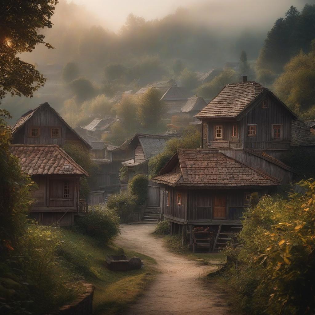  village with wooden houses hyperrealistic, full body, detailed clothing, highly detailed, cinematic lighting, stunningly beautiful, intricate, sharp focus, f/1. 8, 85mm, (centered image composition), (professionally color graded), ((bright soft diffused light)), volumetric fog, trending on instagram, trending on tumblr, HDR 4K, 8K