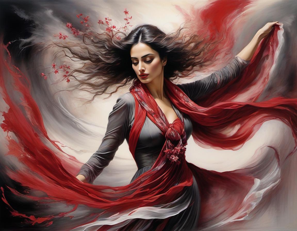  abstract expressionist painting depict an spanish woman, dancing, flowing floral scarf, elegant body lining. the backdrop is an ethereal spanish dreamscape of soft tones crimson, red, off white, magenta, grey. highly detailed. magic realism. alchemy. pastels, pen, ink and wash. luis royo, joaquin sorolla, georgia o’keeffe, arthur rackham. highest quality . energetic brushwork, bold colors, abstract forms, expressive, emotional hyperrealistic, full body, detailed clothing, highly detailed, cinematic lighting, stunningly beautiful, intricate, sharp focus, f/1. 8, 85mm, (centered image composition), (professionally color graded), ((bright soft diffused light)), volumetric fog, trending on instagram, trending on tumblr, HDR 4K, 8K