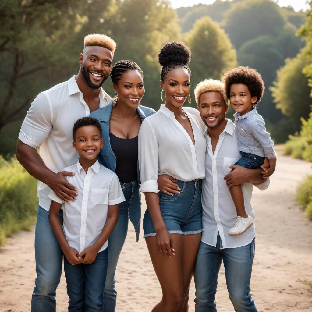  Create an image of a joyful black mother with four blonde-haired Caucasian sons, showcasing a strong and loving family bond. They should be captured in a natural, happy setting that emphasizes their connection and love. The mother could be embracing her sons or enjoying a fun family activity together, highlighting the unique and beautiful dynamic of their blended family. Aim for a portrayal that is heartwarming, authentic, and celebrates the diversity of families. hyperrealistic, full body, detailed clothing, highly detailed, cinematic lighting, stunningly beautiful, intricate, sharp focus, f/1. 8, 85mm, (centered image composition), (professionally color graded), ((bright soft diffused light)), volumetric fog, trending on instagram, trending on tumblr, HDR 4K, 8K