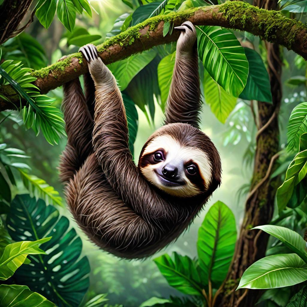  Create a beautiful digital painting of a baby sloth hanging from a tree with a lush green rainforest background in a photorealistic style. hyperrealistic, full body, detailed clothing, highly detailed, cinematic lighting, stunningly beautiful, intricate, sharp focus, f/1. 8, 85mm, (centered image composition), (professionally color graded), ((bright soft diffused light)), volumetric fog, trending on instagram, trending on tumblr, HDR 4K, 8K