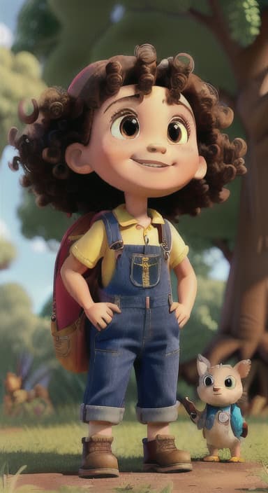  {Riley looking up at the tree with a big smile, animals surrounding them., Riley, a curious with big brown eyes and curly hair, wearing overalls and carrying a small backpack. Their friend, Skye, a bluebird with shiny feathers.