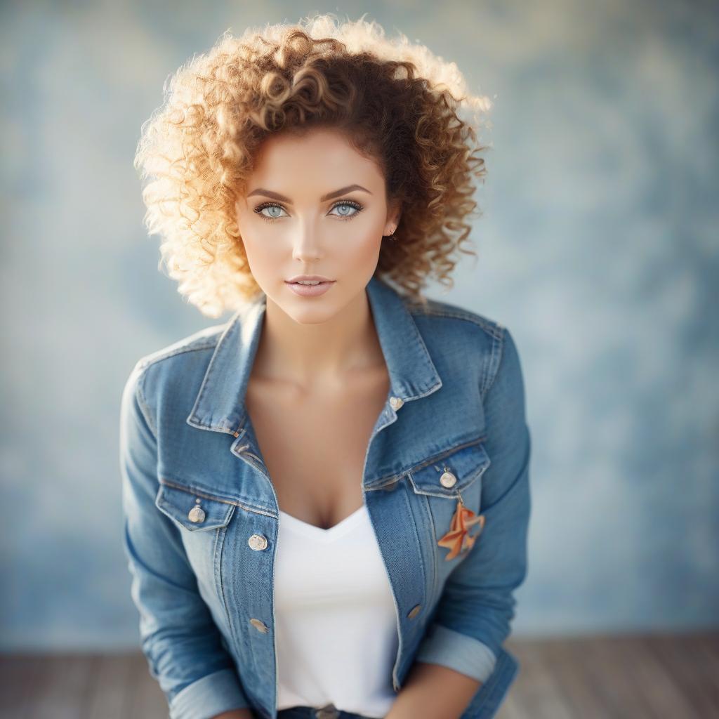  nautical themed A striking portrait of a young woman with big blue eyes, full lips, and curly hair. She is dressed in a denim jacket and a white top with a low neckline. The background is a serene environment with soft, diffused natural light. The image is beautifully rendered using digital post processing, showcasing clear visualization of all objects and elements. Captured with an 85mm lens and dramatic lighting, the photorealism is enhanced by the use of Cinestill 800T film. The over detailing and intimate portrait composition create a contemplative mood, while the emotional facial expressions and stylized prose add depth to the image. With brilliant textures and hyper realistic details, this 8K high quality image is perfect for 3D rende hyperrealistic, full body, detailed clothing, highly detailed, cinematic lighting, stunningly beautiful, intricate, sharp focus, f/1. 8, 85mm, (centered image composition), (professionally color graded), ((bright soft diffused light)), volumetric fog, trending on instagram, trending on tumblr, HDR 4K, 8K