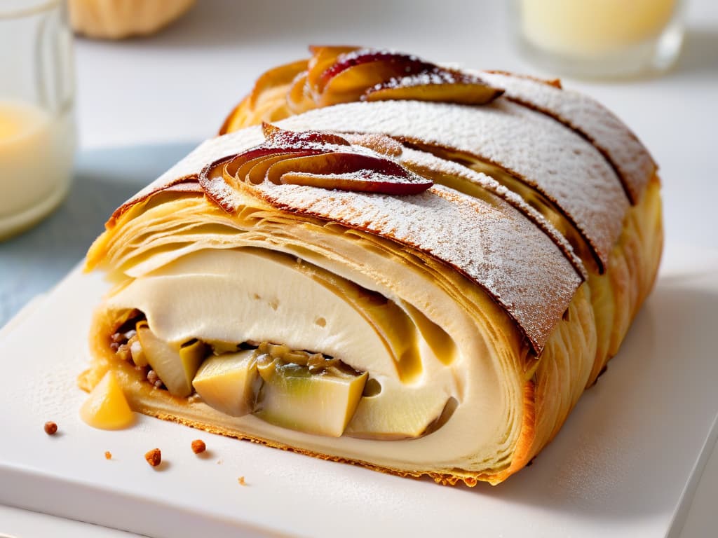  A closeup, ultradetailed image of a freshly baked apple strudel, showcasing the golden, flaky layers of pastry enveloping the juicy, cinnamoninfused apple filling. The surface of the strudel glistens under a soft, natural light, highlighting the intricate swirls of dough and the caramelized edges. The image captures the essence of this traditional Austrian delicacy, inviting viewers to indulge in its delicious simplicity. hyperrealistic, full body, detailed clothing, highly detailed, cinematic lighting, stunningly beautiful, intricate, sharp focus, f/1. 8, 85mm, (centered image composition), (professionally color graded), ((bright soft diffused light)), volumetric fog, trending on instagram, trending on tumblr, HDR 4K, 8K