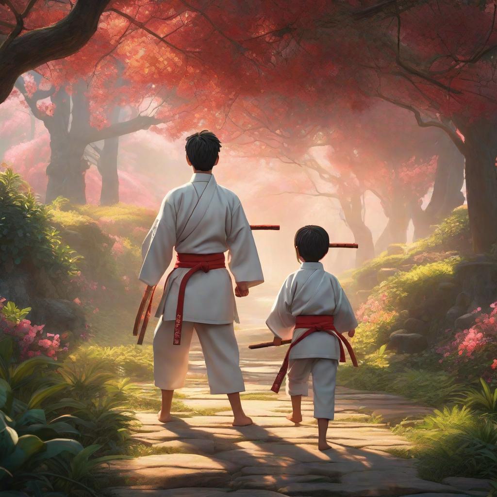  A child in a karate uniform runs carrying a stick., anime concept art by Hayao Miyazaki, featured on pixiv, fantasy art, concept art, official art, high detailed hyperrealistic, full body, detailed clothing, highly detailed, cinematic lighting, stunningly beautiful, intricate, sharp focus, f/1. 8, 85mm, (centered image composition), (professionally color graded), ((bright soft diffused light)), volumetric fog, trending on instagram, trending on tumblr, HDR 4K, 8K