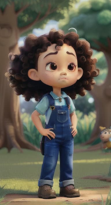  {Riley standing under the tree with eyes closed, making the wish., Riley, a curious with big brown eyes and curly hair, wearing overalls and carrying a small backpack. Their friend, Skye, a bluebird with shiny feathers.