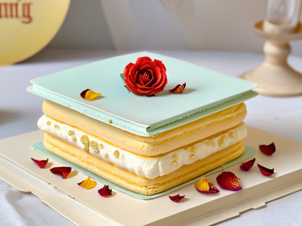  An 8k ultradetailed image of a delicate, pastelcolored macaron placed on a vintage, weathered book with a Hogwarts crest subtly embossed on the cover. The macaron is adorned with edible gold leaf and surrounded by scattered dried rose petals, creating a whimsical yet elegant composition that perfectly captures the essence of "Ranunculus Pastelitos: Un Bocado Hechizado." hyperrealistic, full body, detailed clothing, highly detailed, cinematic lighting, stunningly beautiful, intricate, sharp focus, f/1. 8, 85mm, (centered image composition), (professionally color graded), ((bright soft diffused light)), volumetric fog, trending on instagram, trending on tumblr, HDR 4K, 8K