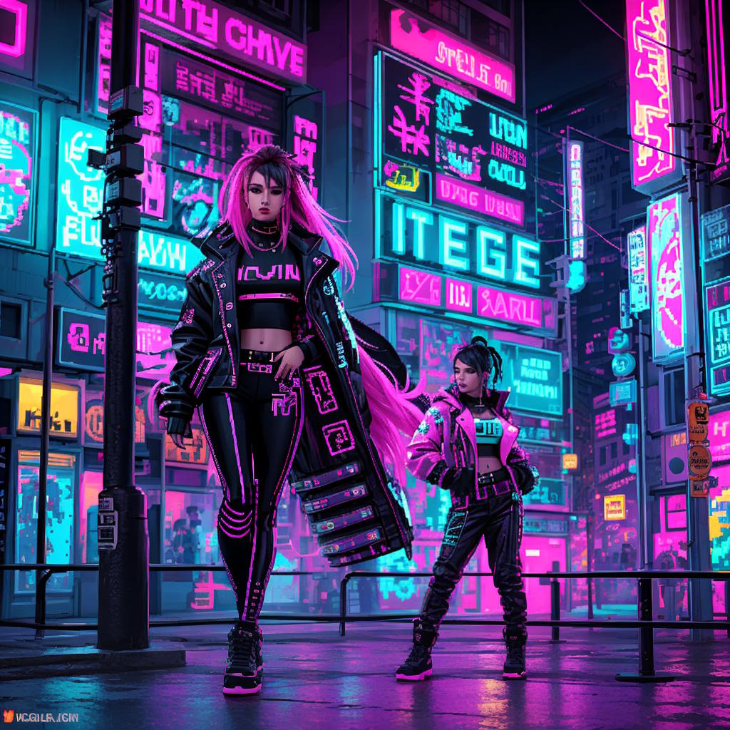  in pixel art style, Create a stunning cyberpunk vision of a lady adorned in vivid cyber-couture, surrounded by pulsating neon hues that dance to the rhythm of the urban night., Urban Graffiti Street Style